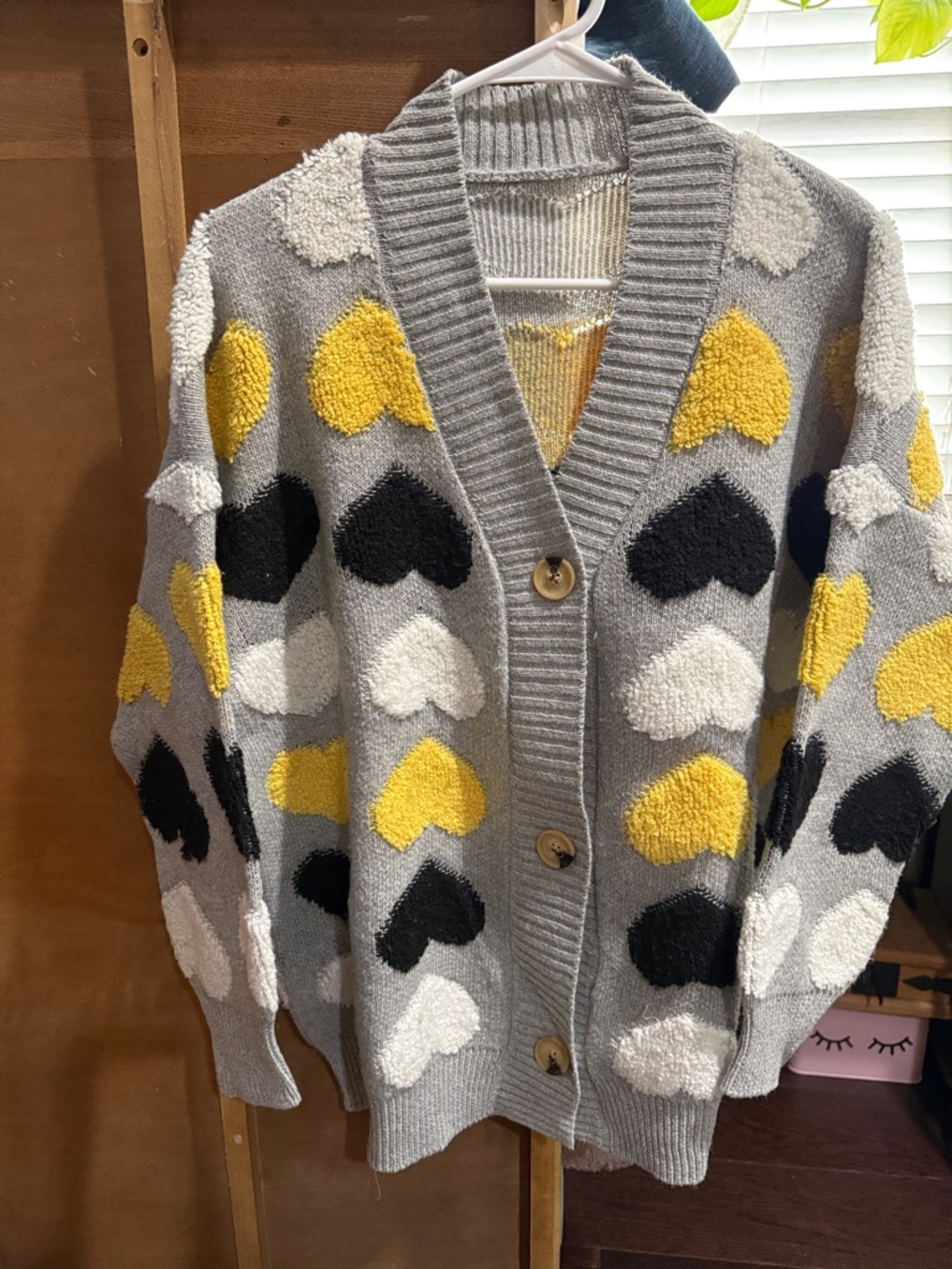 Grey Heart Pattern Button-Front Cardigan Sweater - Yellow, Black, White